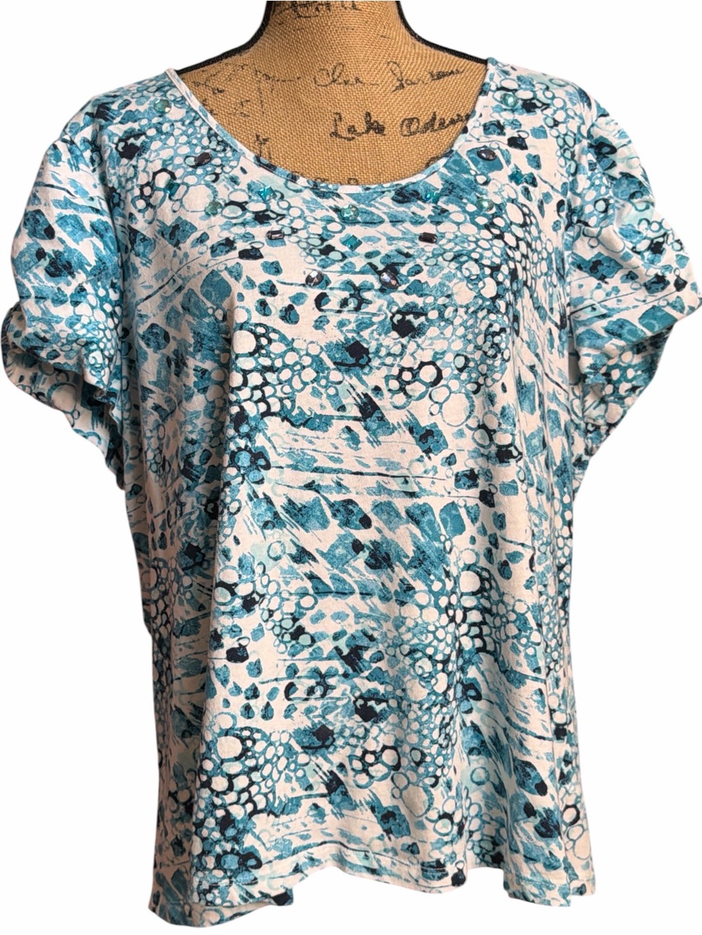 Studio Works Blue Abstract Print Short Sleeve Top. EC. Size 3X